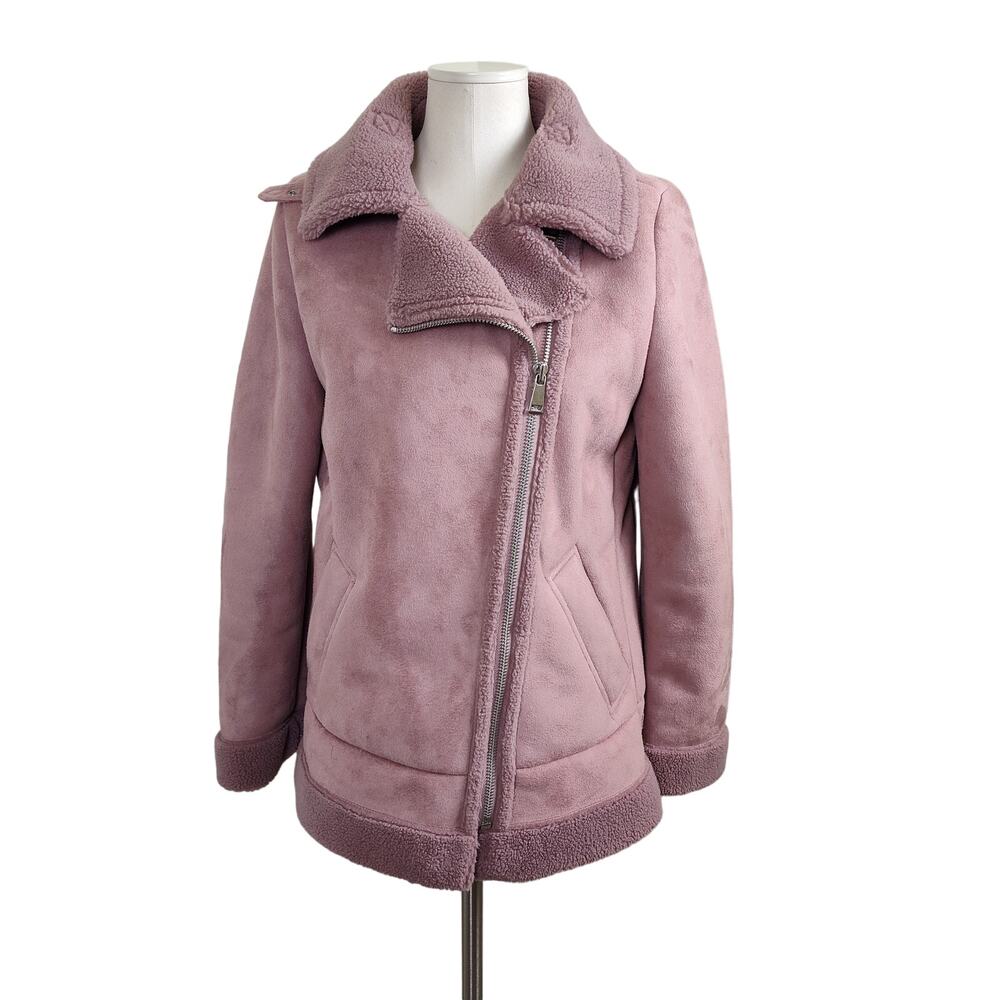 LOFT SHERPA FAUX SUEDE WINTER COAT WOMEN'S SIZE SMALL PINK CONTRAST TRIM HEM